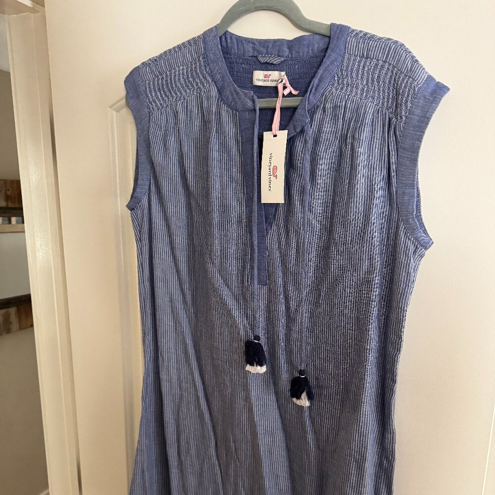 NWT Vineyard Vines Royal Ocean Bell Stripe Smocked Tassel Tunic Dress Medium